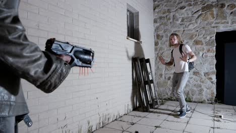 happy-man-getting-robbed-mugged-in-alleyway-giving-his-wallet-and-then-running-away