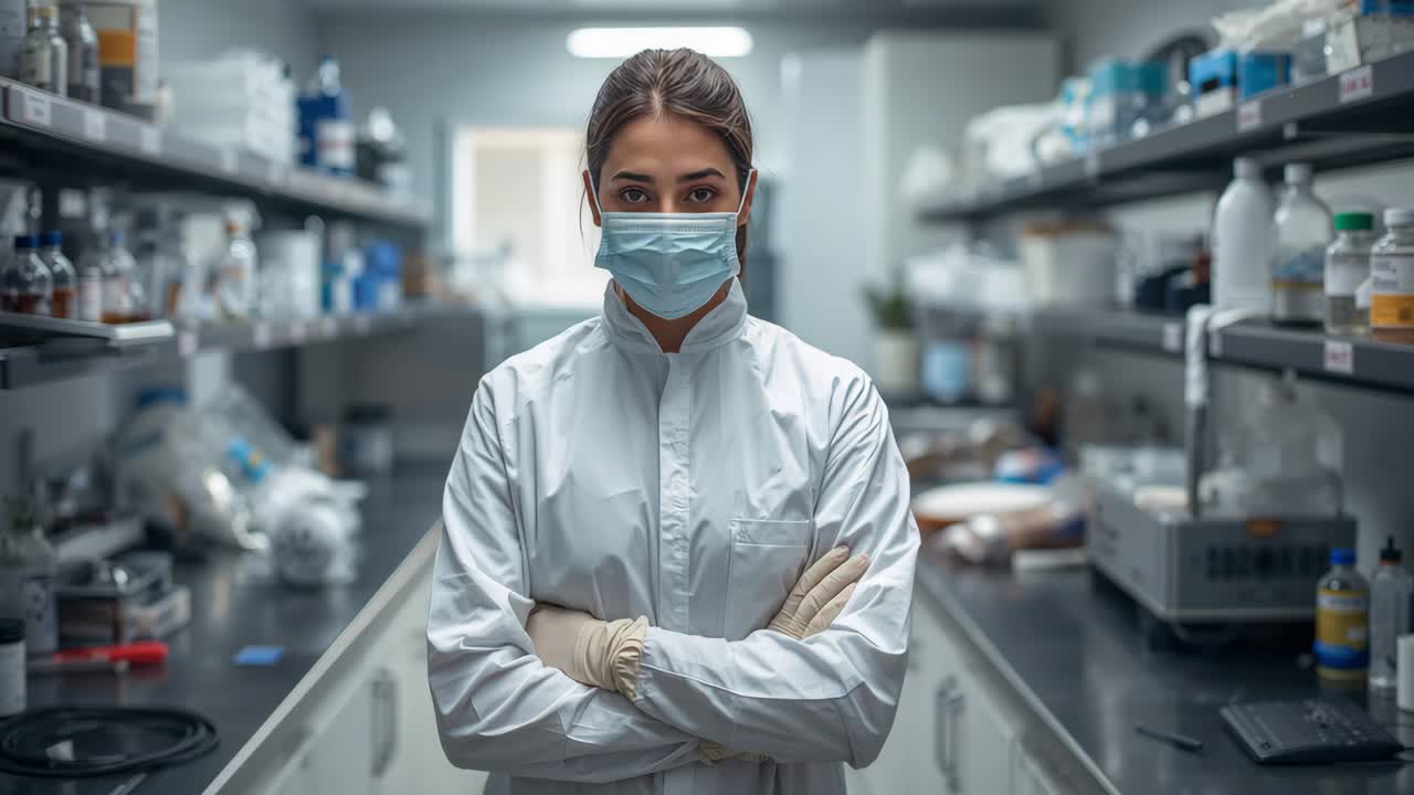 Científica en el laboratorio con máscara facial
