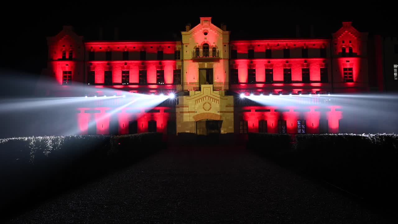 Flashing lights on the facade of the Mimi Castle Winery in Bulboaca, Moldova