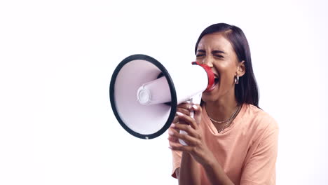 megaphone, protest or woman shouting in studio