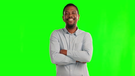 Black-man,-smile-and-arms-crossed-on-green-screen