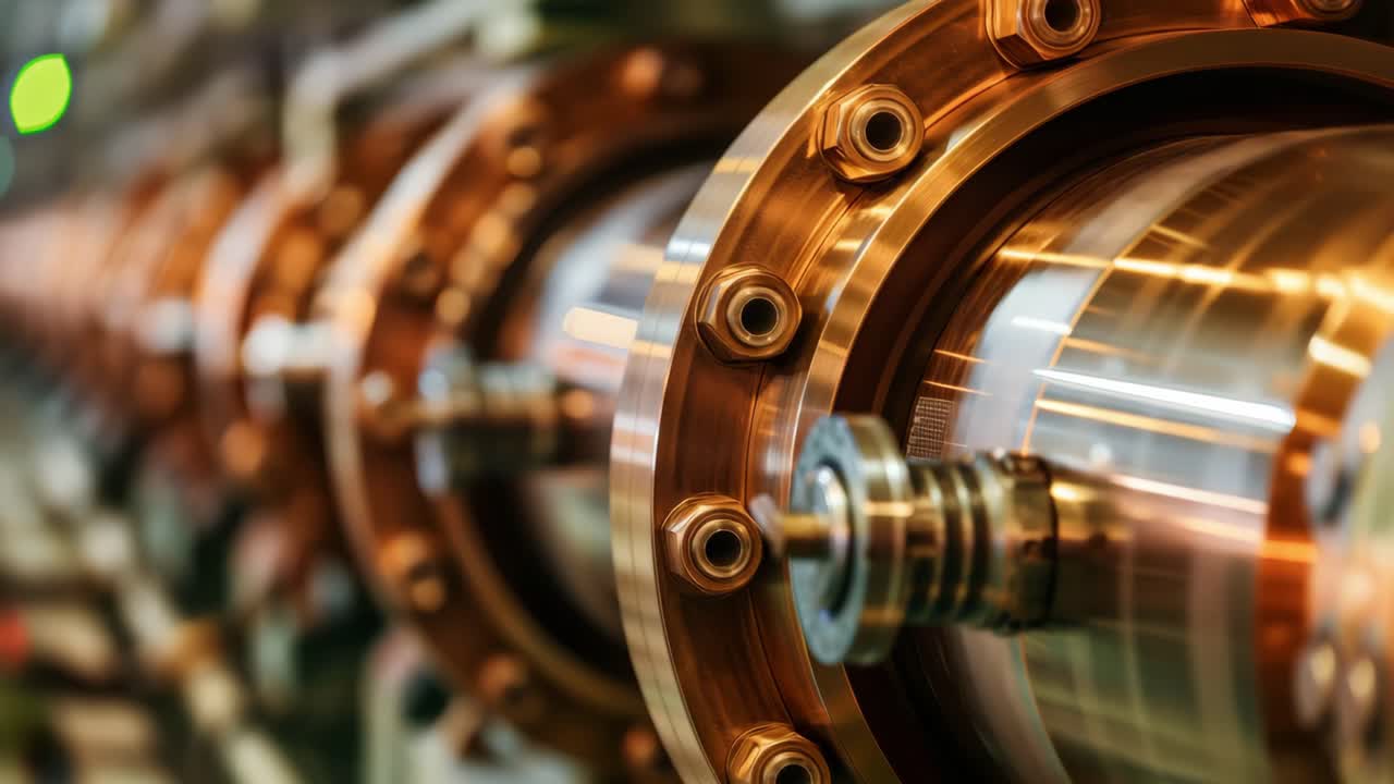 Shiny copper pipes with multiple bolts and metal components suggest an advanced industrial process, possibly involving high tech machinery or specialized equipment