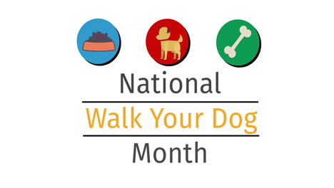 animación del mes nacional de pasear a tu perro texto con ilustraciones de hueso, perro y cuenco, en blanco