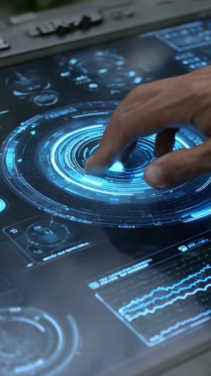 Interfaccia coinvolgente: primo piano di un utente con un touchscreen futuristico con immagini dinamiche e analisi grafica dei dati