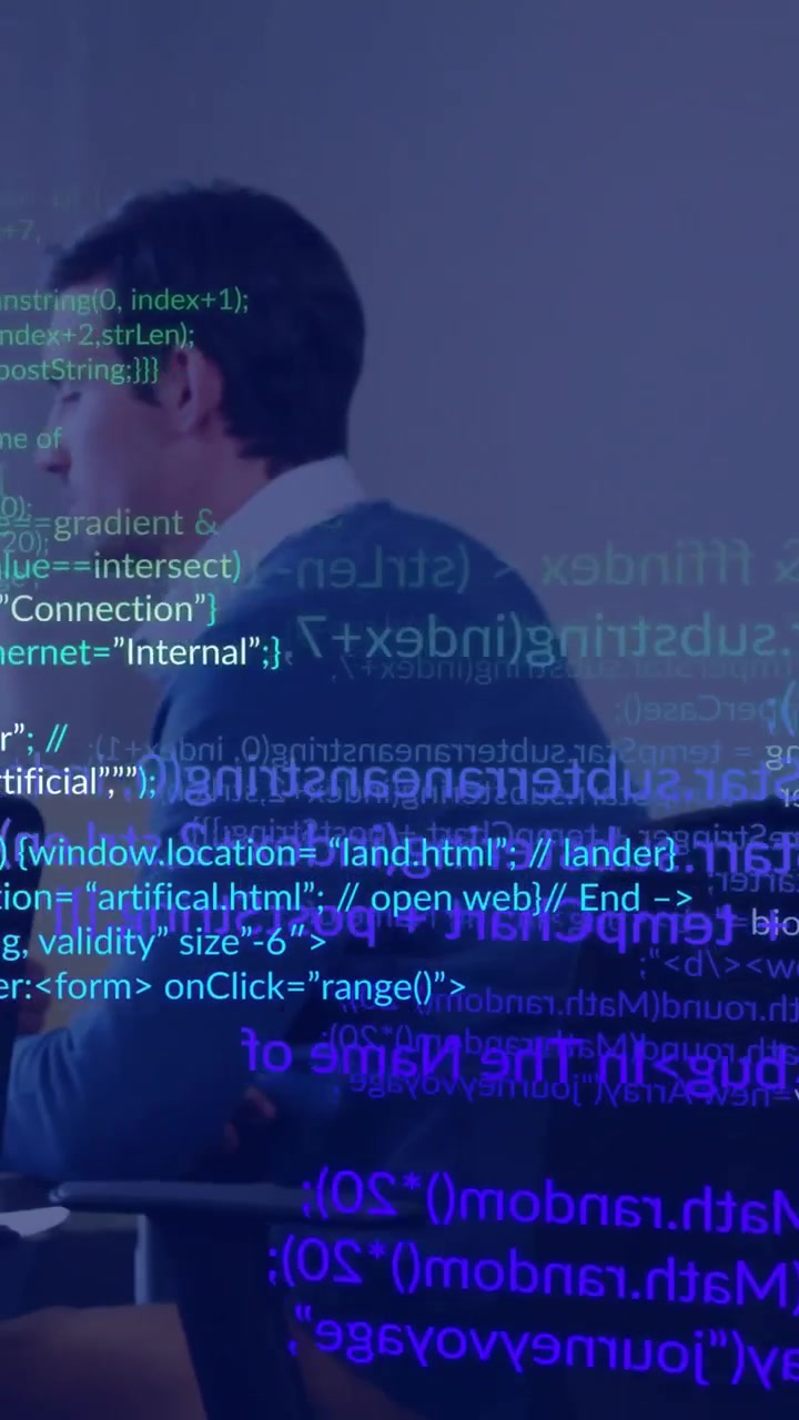 Vertical video: Code filling wall, tech man entering, sitting, reviewing code, overlaying sweater