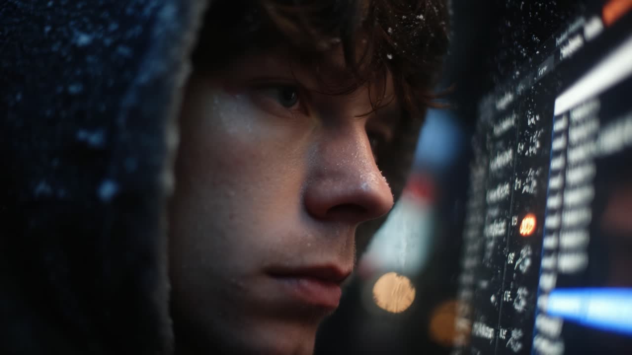 A Close-Up Moment of Reflection: An Individual in a Hooded Jacket Gazes Intently at a Screen While Snowflakes Gently Fall Around Them, Capturing a Sense of Contemplation