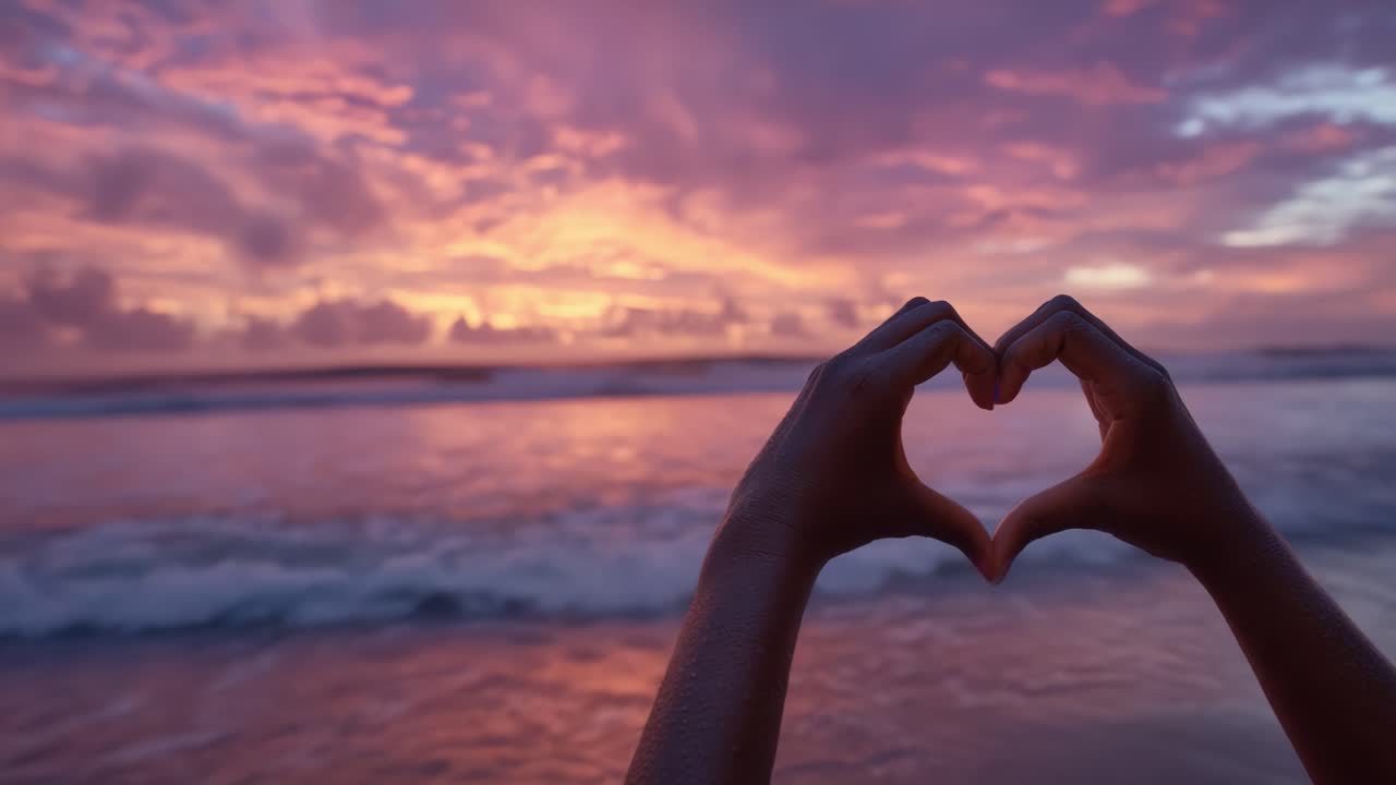Um lindo pôr do sol sobre o oceano com mãos formando um coração, capturando um momento de amor e conexão contra um céu colorido.