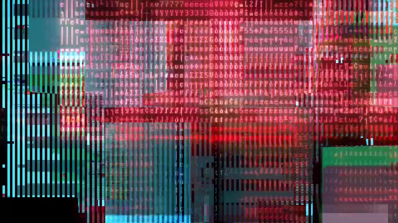 Dynamic Digital Glitch Art with Colorful Characters and Symbols