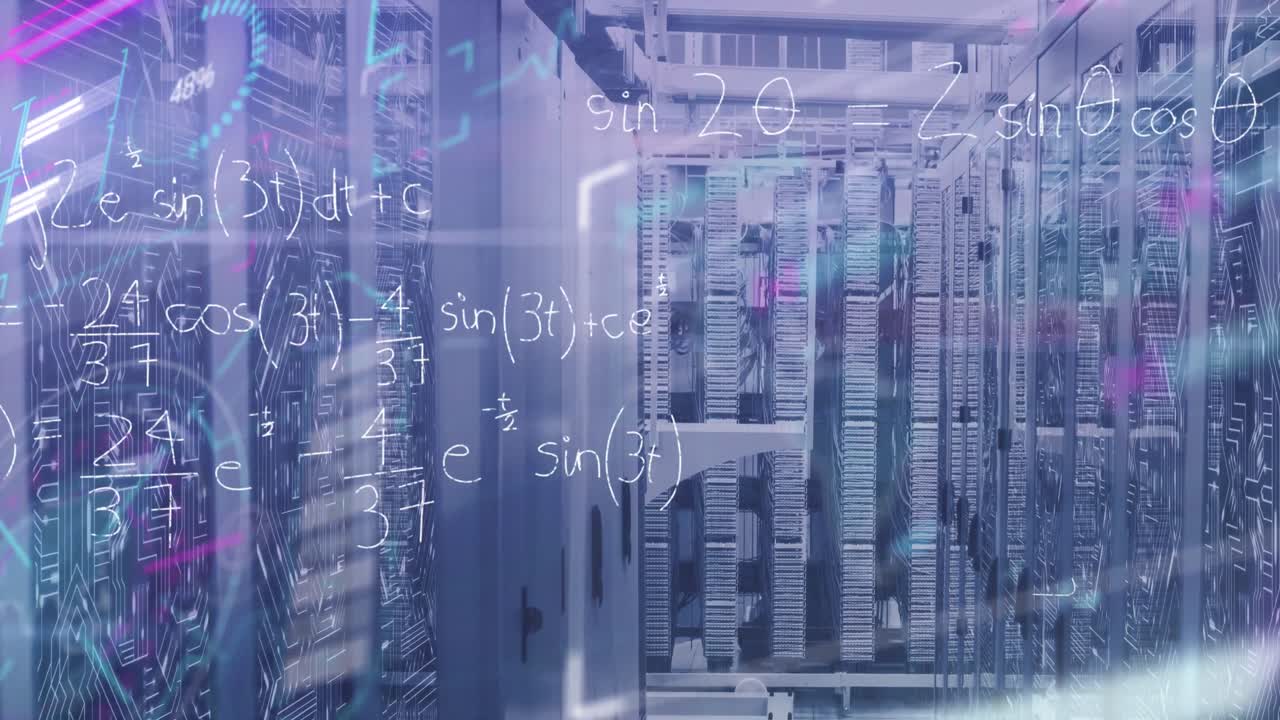 Animation of data processing and mathematical equations against computer server room