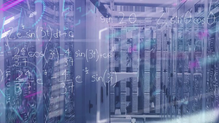 Animation of data processing and mathematical equations against computer server room