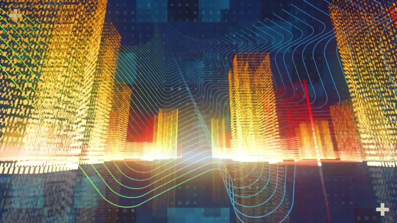 Animation of digital city over lines on blue background