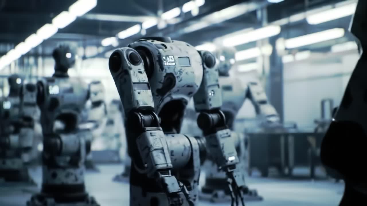 Exploring the Future of Automation: Intricate Designs and Movements of Humanoid Robots in a High-Tech Factory Environment