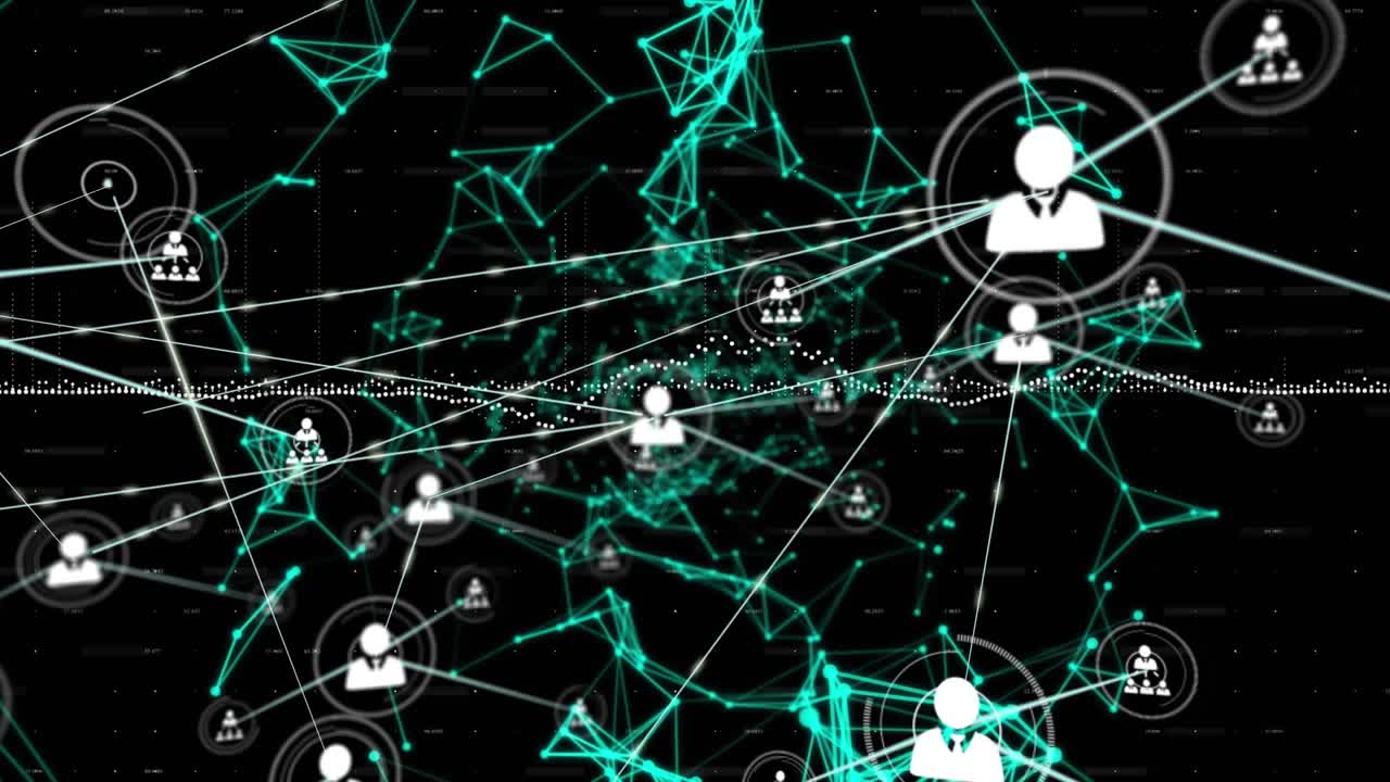 Animation of network of connections with icons and data processing