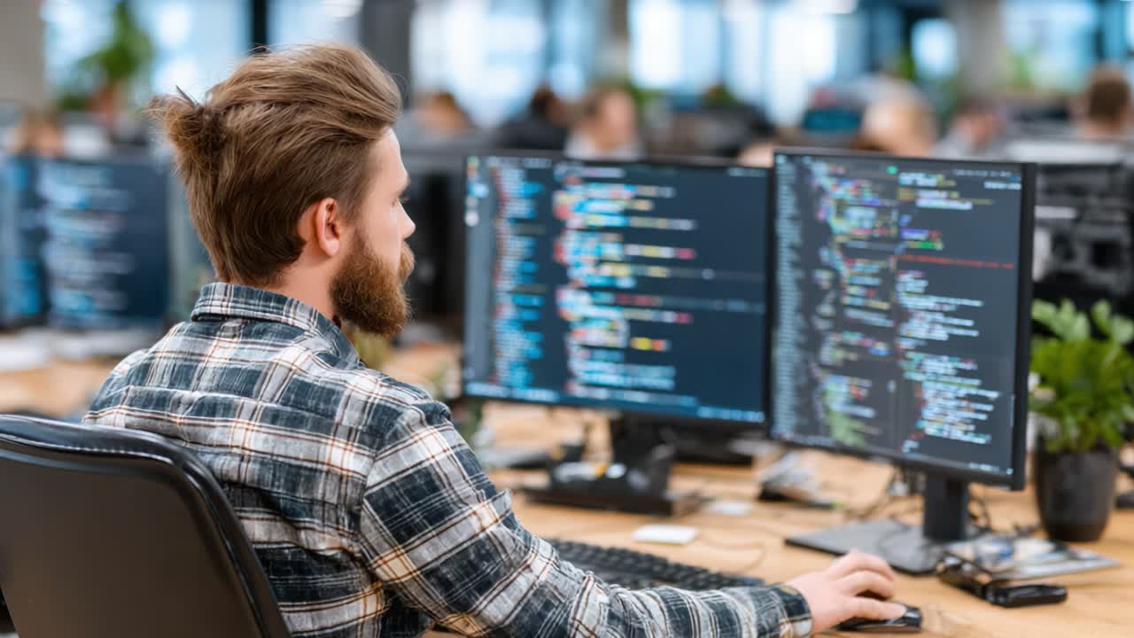 A focused programmer working diligently at a modern workstation surrounded by multiple monitors, showcasing lines of code, emphasizing productivity and technical skills