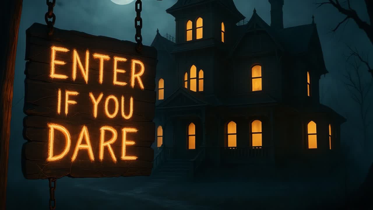 Eerie haunted house scene with illuminated sign inviting visitors to enter if they dare