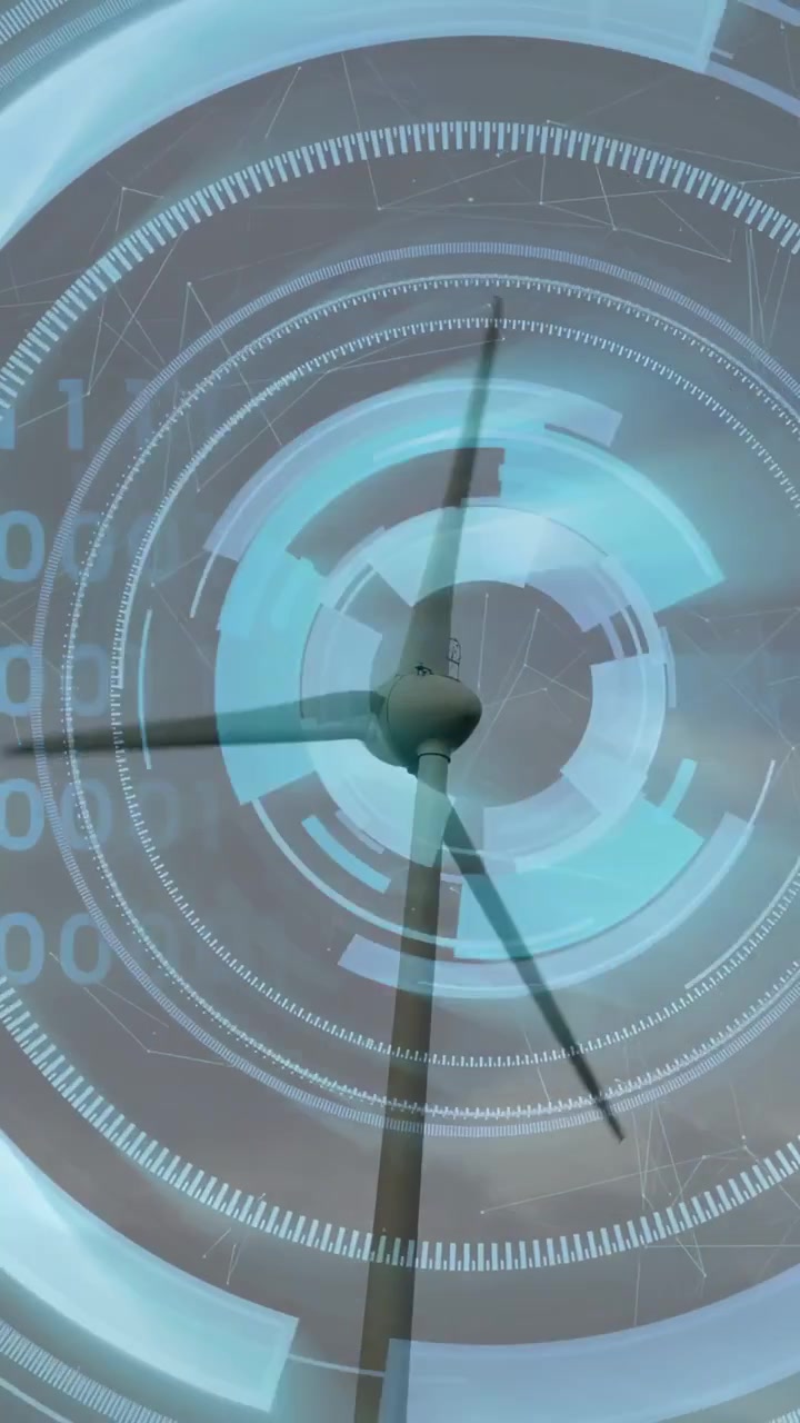 Video verticale: Turbina a tre pale che gira dopo la comparsa dell'HUD, con una sovrapposizione che mostra le metriche energetiche.