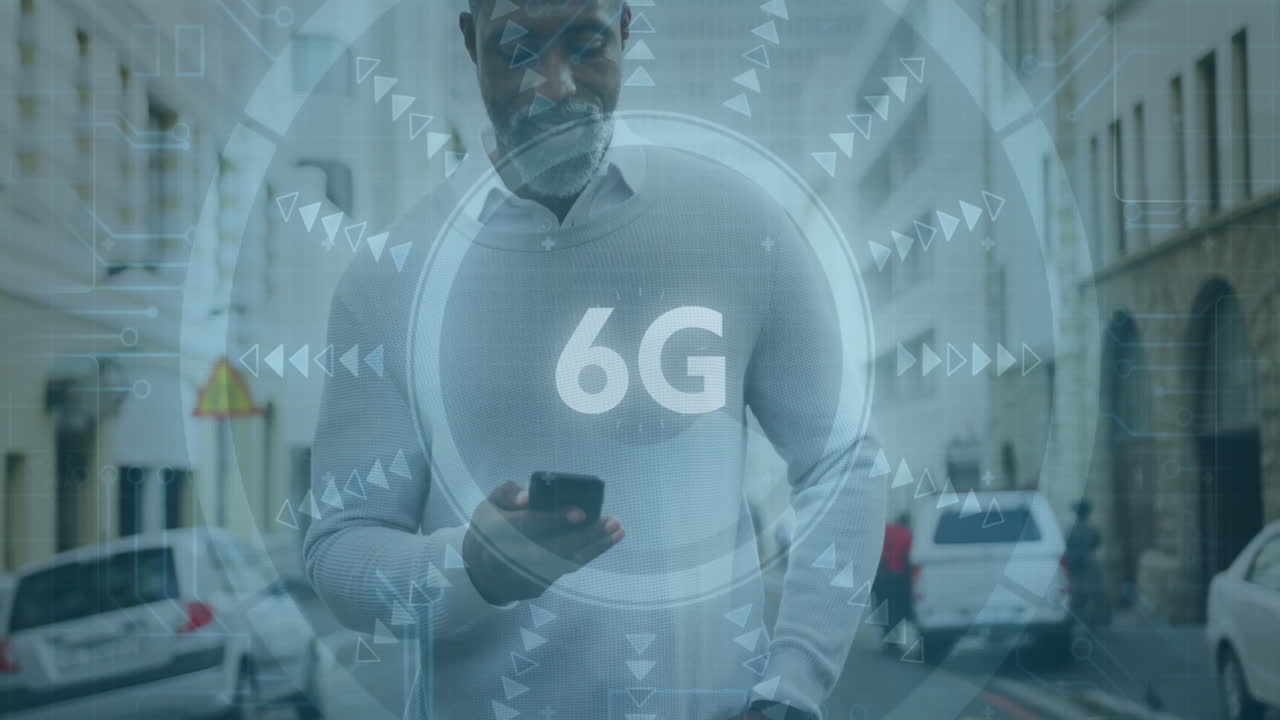 Man using smartphone with 6G technology animation overlay on urban street