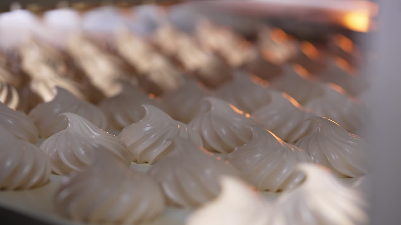 White creamy marshmallows identical in size and shape. Vanilla zephyr manufactured at food factory. Close up.