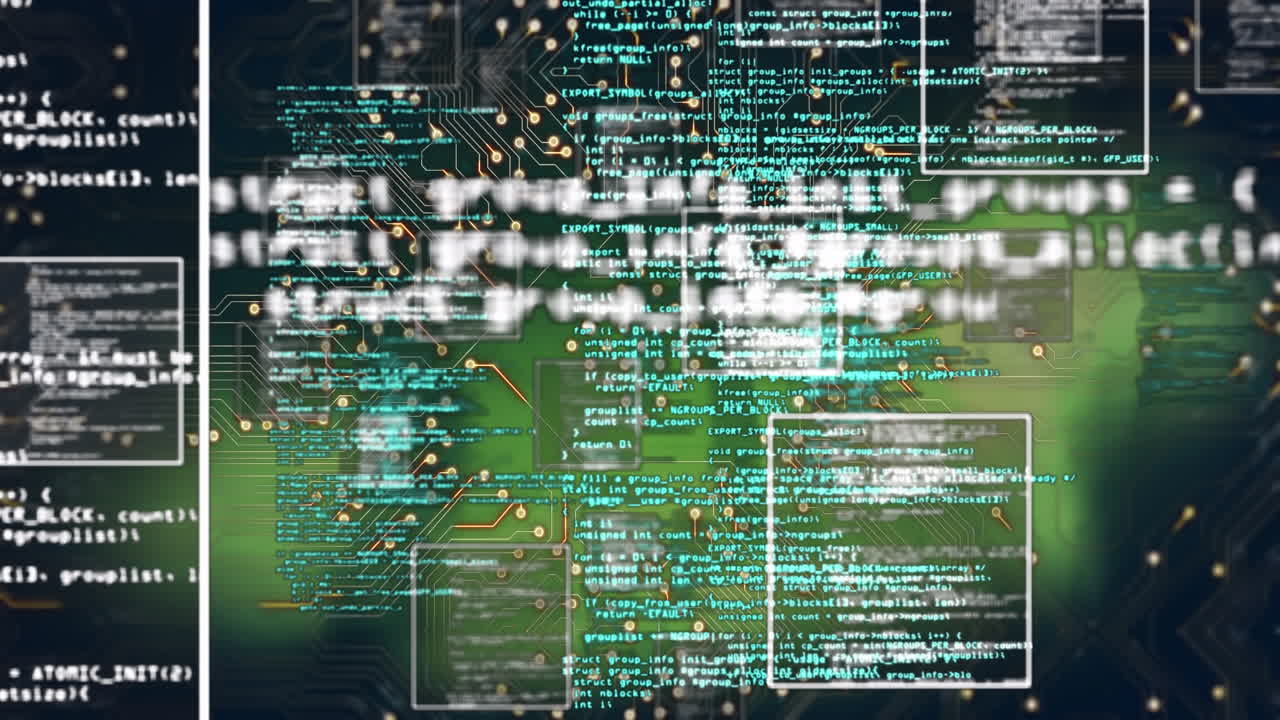 Animation of screens with data processing and microprocessor connections against green background