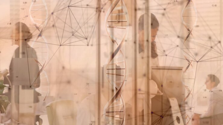 DNA strand and network connections animation over people working in office
