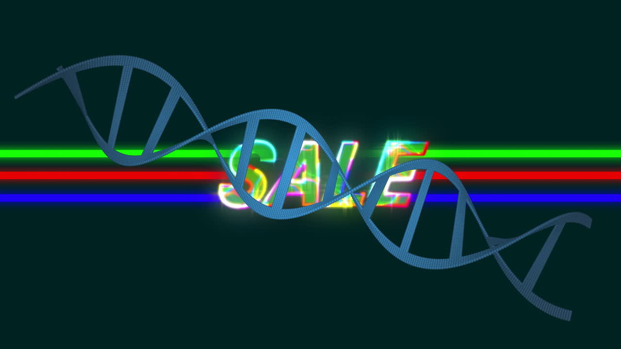 Animation of DNA strand with colorful neon SALE text and horizontal lines