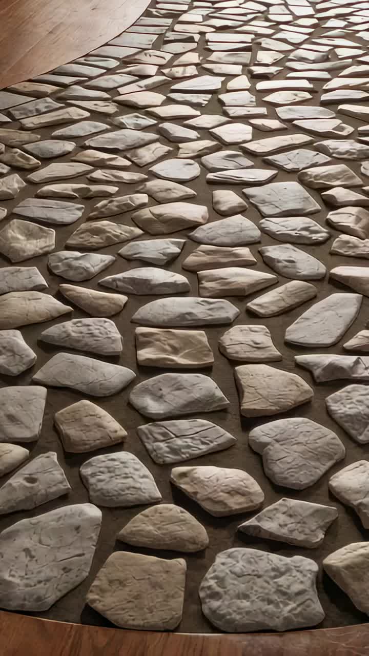 Vertical video: Panning camera rising over stones on bed in room, showing pegs, curved wood, layout