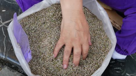 woman holding bag of dried lavender flowers