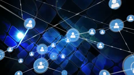 conectores en movimiento y datos digitales en fondo azul