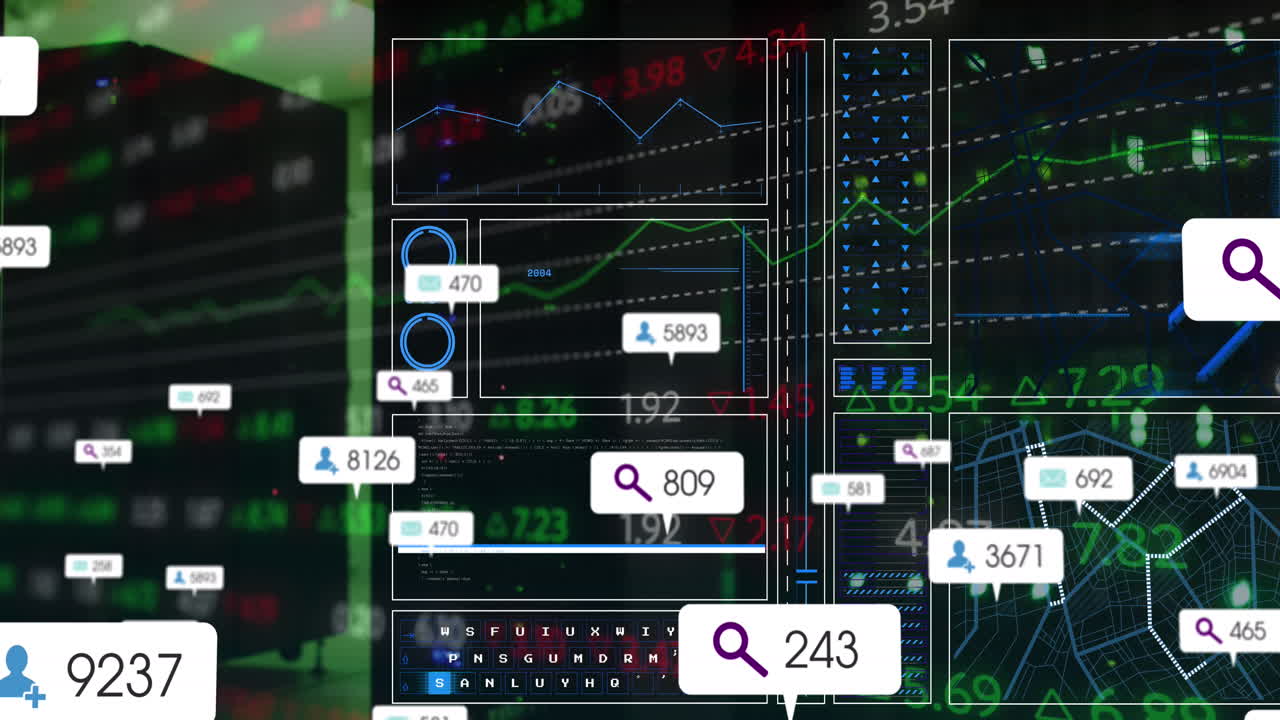 Animation of data processing and social media icons over computer servers