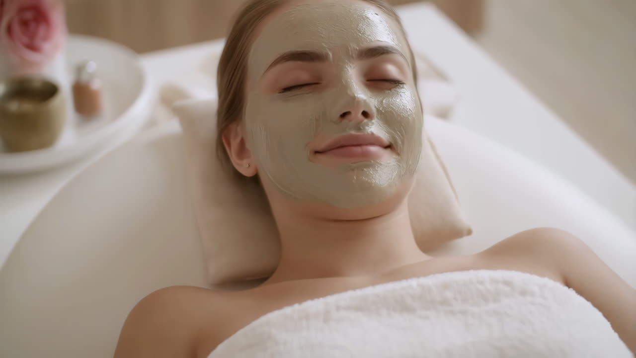Young Woman Relaxing with Clay Facial Mask in Spa