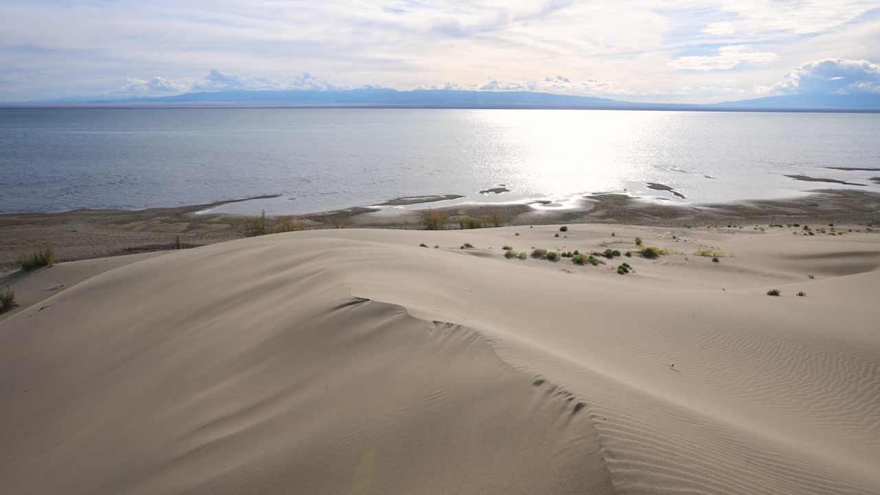 The golden sand dunes of the Durgun Nuur desert form a unique shoreline against the vast, sunlit waters of the lake. A beautiful and remote Mongolian landscape