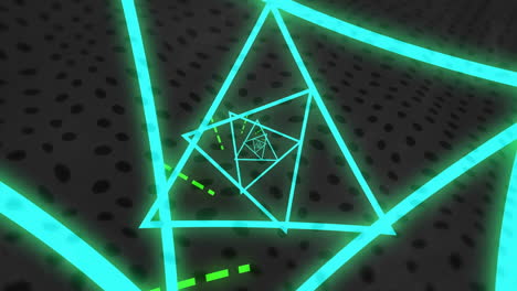 Neon green geometric shapes and lines animation over dark dotted background