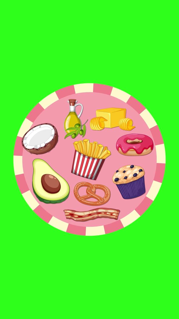 Vários alimentos ricos em gordura aparecem e giram em um fundo verde brilhante, em estilo vetor plano.