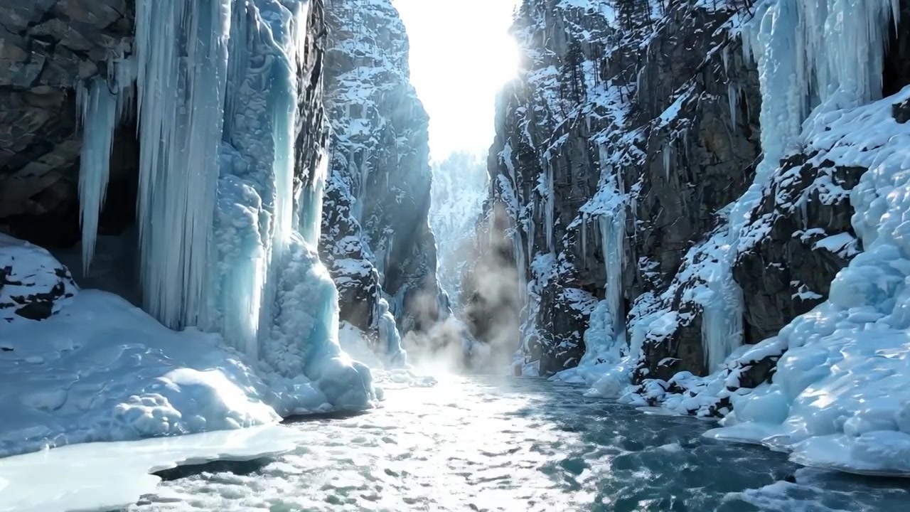 Breathtaking Winter Landscape: Majestic Ice Formations and a Serene River Flowing Through a Stunning Snow-Capped Canyon Under Glimmering Sunlight