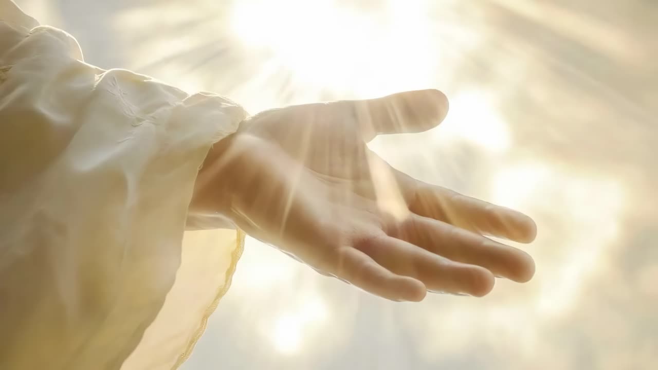 A divine hand reaching out with sunlight streaming through, captured from a low angle