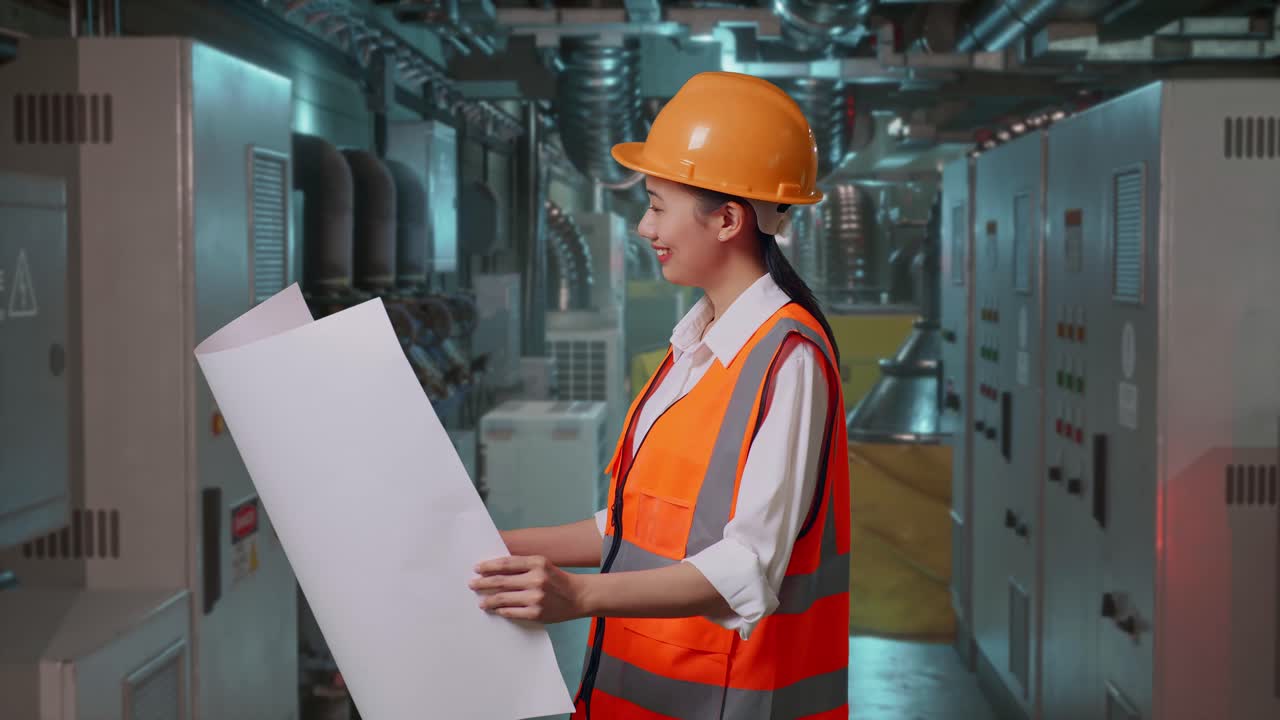 ingeniera que revisa planes en un entorno industrial