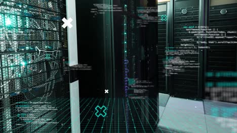 composite video of data processing against computer server room