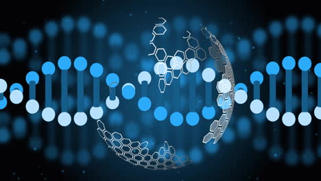 cadena de adn y patrones hexagonales, animación de datos científicos