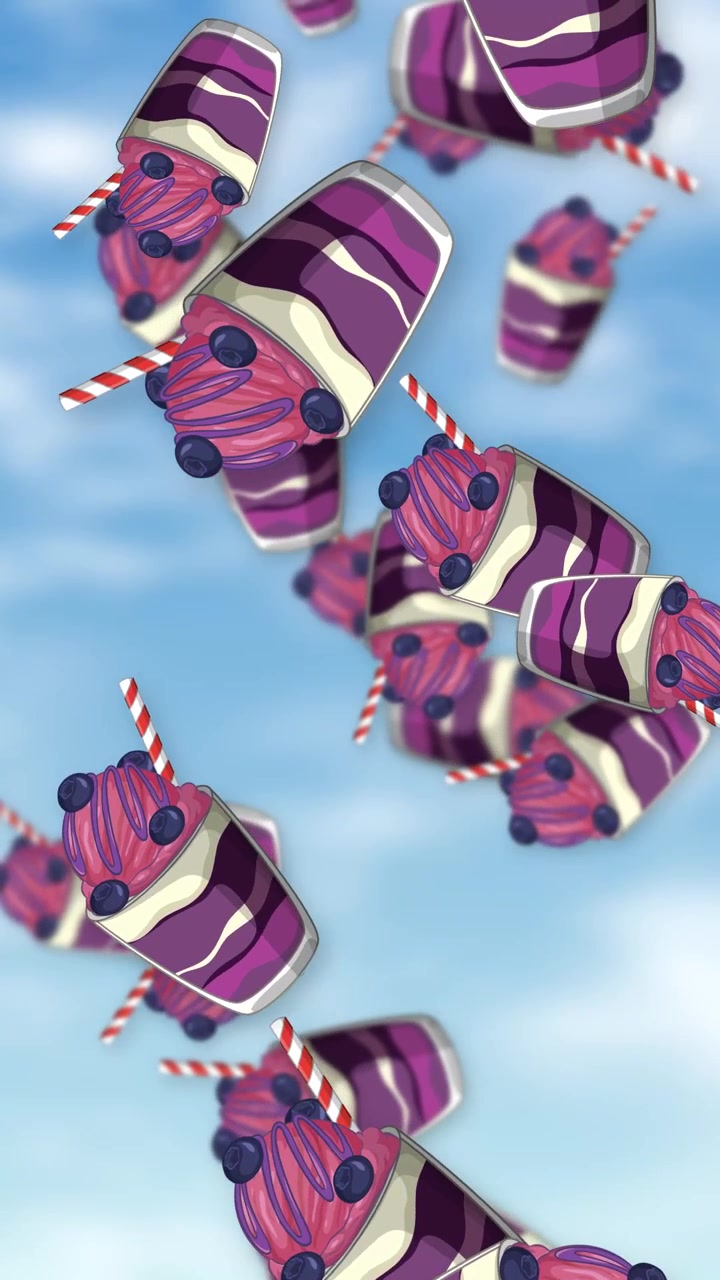Stylized purple blueberry dessert cups fall continuously against a bright blue sky with soft clouds.