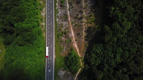 fotografía aérea, vista de arriba, de una carretera de montaña rodeada por un bosque verde brillante
