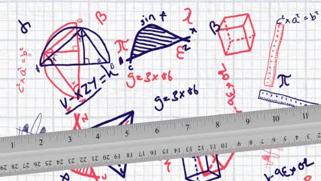 regla contra ecuaciones matemáticas y diagramas en papel alineado cuadrado