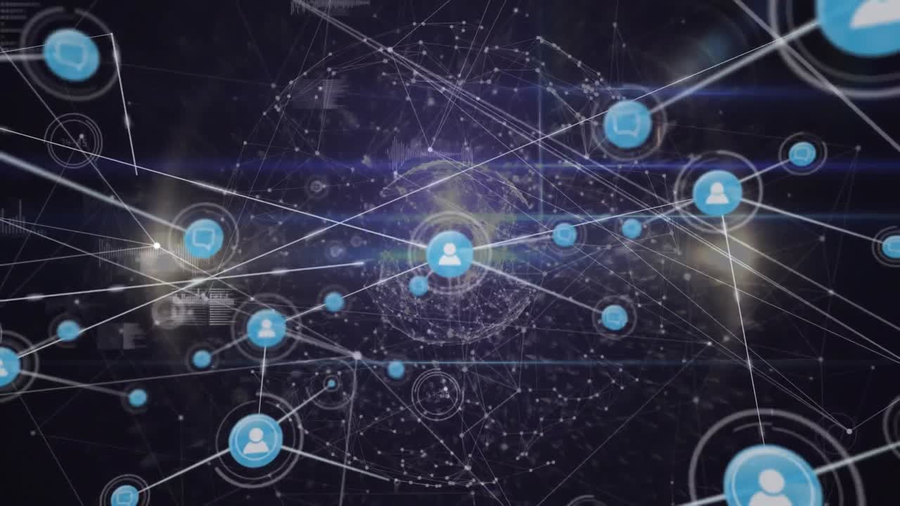 animación de la red de conexiones con iconos y la red de conexiones sobre fondo negro.