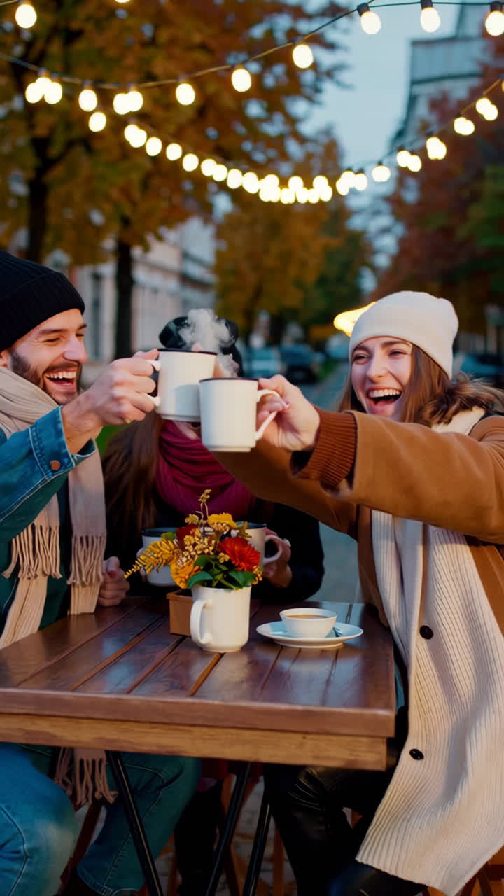 Friends Enjoying Coffee at an Outdoor Cafe in Autumn
