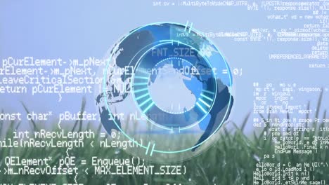 animation of processing circle over data processing, globe and meadow