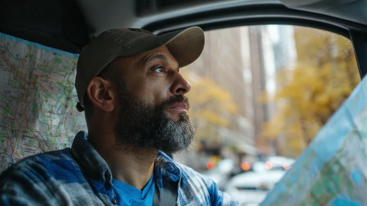 A thoughtful driver navigating through the city with a map, contemplating his route, framed by the ambiance of a bustling urban environment