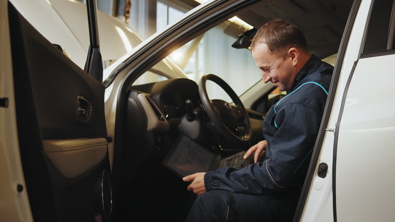 mecánico inspeccionando un coche en un garaje