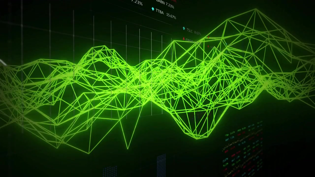 Green wireframe mesh emerging on dark field, pointer sweeping peaks highlighting data percentages