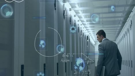 Mathematical-equations-and-round-scanners-against-man-walking-in-computer-server-room