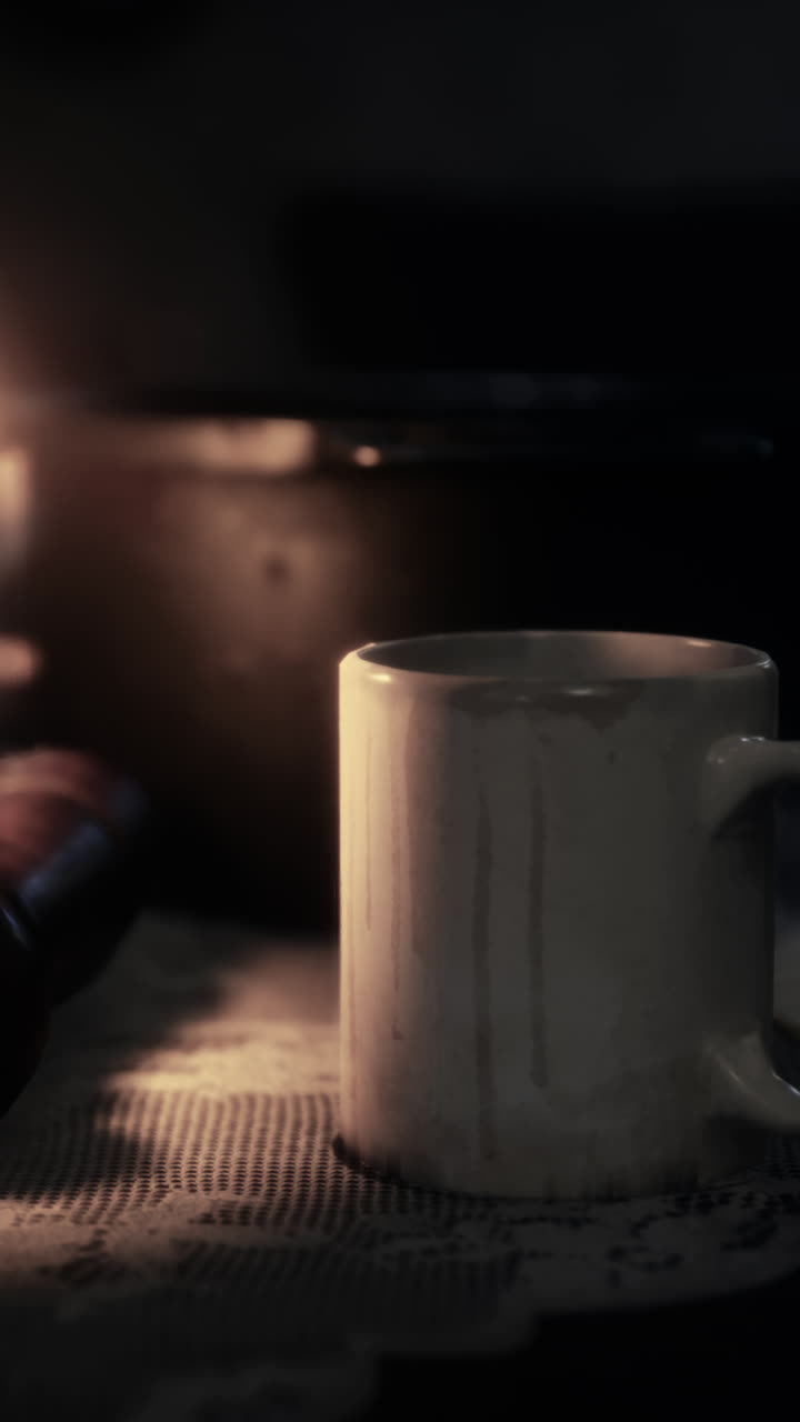 배경에 불이 있는 테이블 위에 있는 색 컵의 클로즈업