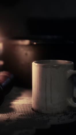 closeup of a white mug on a table with a candle in the background